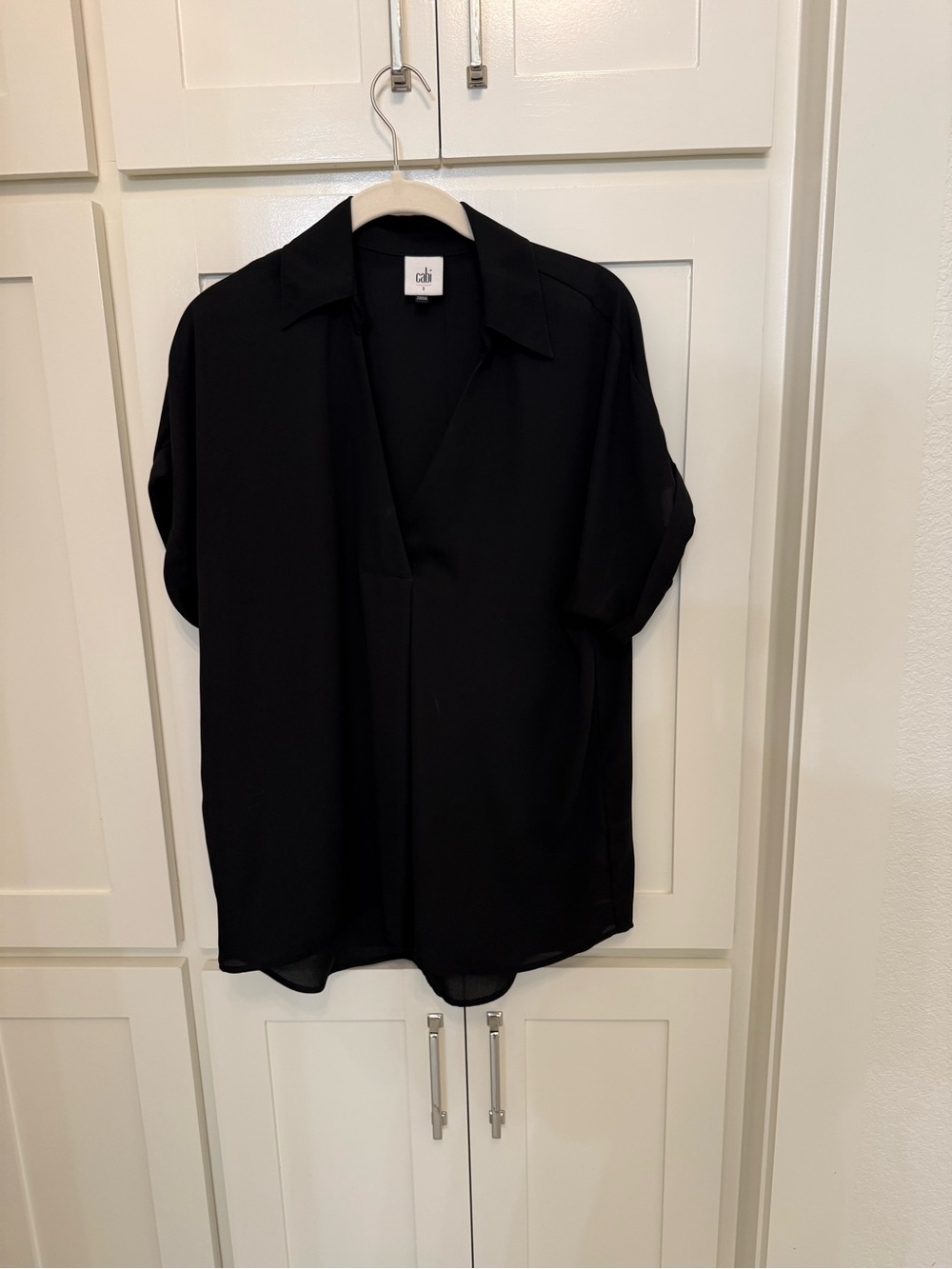 CAbi Black Short-Sleeve Collared Button-Down Top